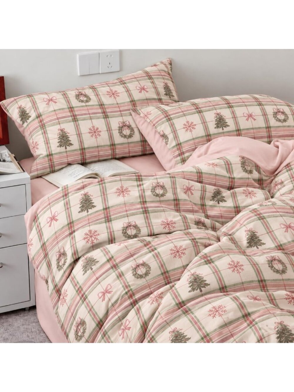 Cozy Pink Plaid Bow Christmas Comforter Set Queen - 3 Piece Holiday Bedding